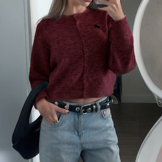 Damen nan kurzes Feinstrick-Cardigan mit Rundhalsausschnitt, durchgehender Knopfleiste und gesticktem Pferde-Logo EB
