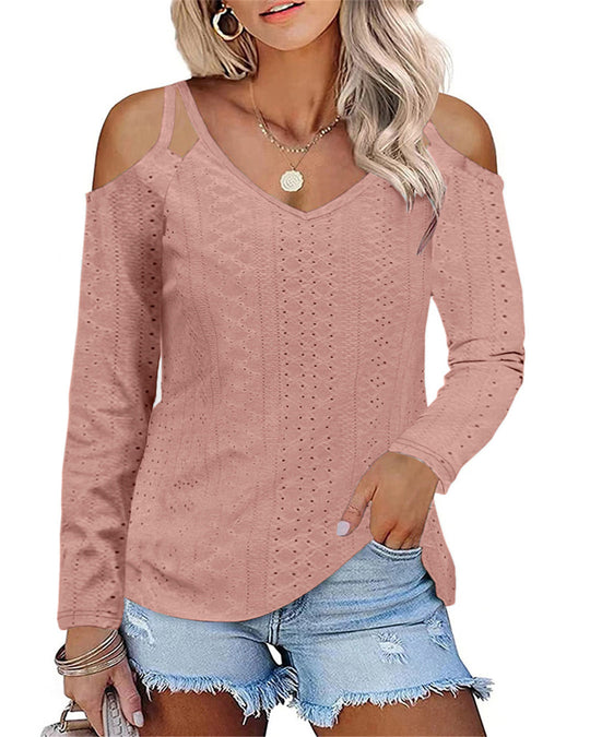 Damen Boho V-Ausschnitt Oberteil mit Off-Shoulder-Ärmeln und feinem Strukturdesign EB