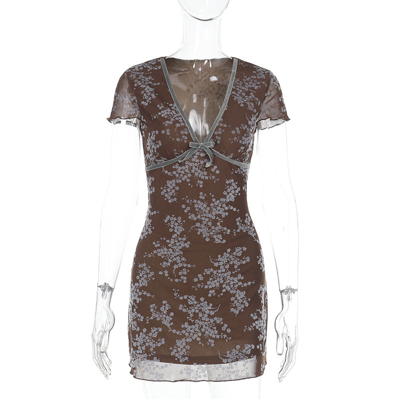 Damen sexy Mini-Kleid mit floralem Spitzenmuster und tiefem V-Ausschnitt EB