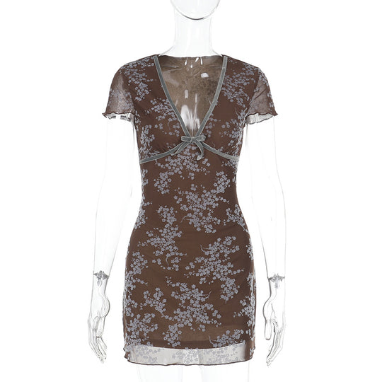 Damen sexy Mini-Kleid mit floralem Spitzenmuster und tiefem V-Ausschnitt EB