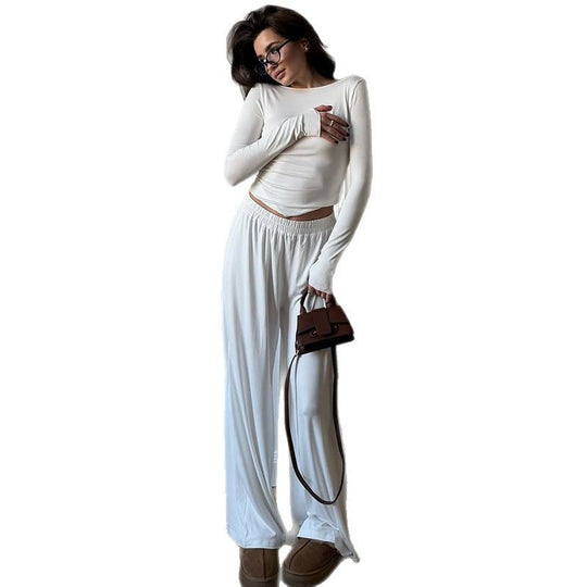Damen Loungewear Set aus langärmligem Oberteil und weit geschnittenen Hosen EB