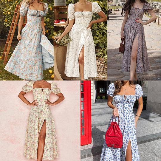 Damen Maxi-Kleid mit Puffärmeln und floralem Design EB
