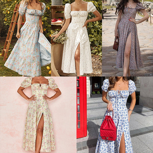 Damen Maxi-Kleid mit Puffärmeln und floralem Design EB