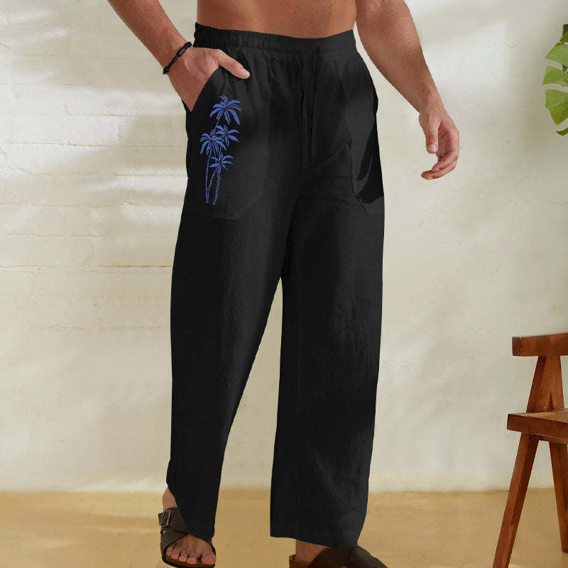 Herren Bequeme Leinenhose mit praktischem Kordelzug und Palmendruck EB