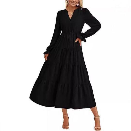 Damen Maxikleid mit knopfverzierter Front und voluminösen Ärmeln EB
