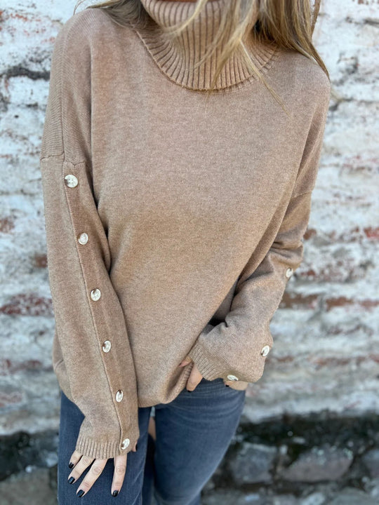 Damen weicher Rollkragenpullover mit modischen Knopfdetails EB