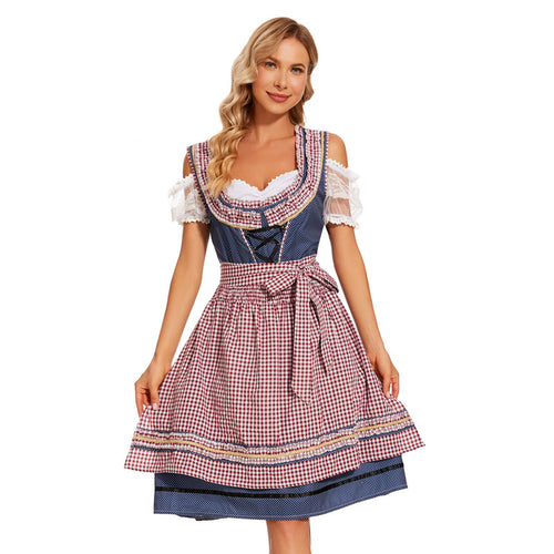 Damen nan traditionelles Dirndlkleid mit kariertem Schürzenrock, Schnürung und Spitzenärmeln EB