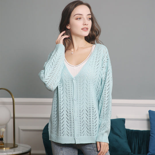 Damen Strickcardigan mit luftiger Lochmusterung und V-Ausschnitt EB