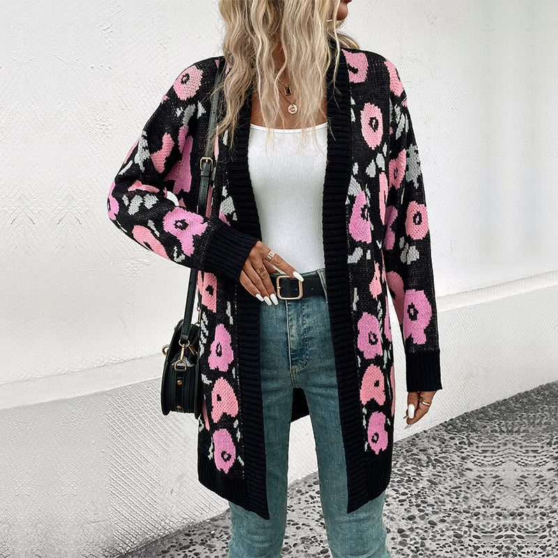 Damen Strickjacke mit floralem Muster und offenem Schnitt EB