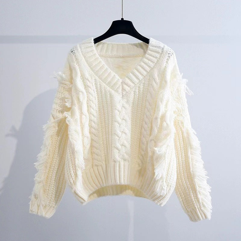 Damen Stylischer Strickpullover mit Fransen und Zopfmuster EB