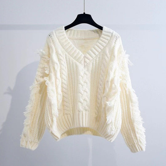Damen Stylischer Strickpullover mit Fransen und Zopfmuster EB