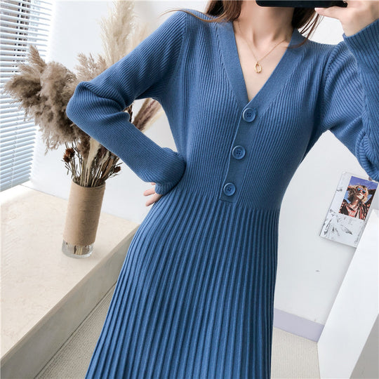 Damen Strickkleid mit Knopfverschluss und gerippter Struktur EB