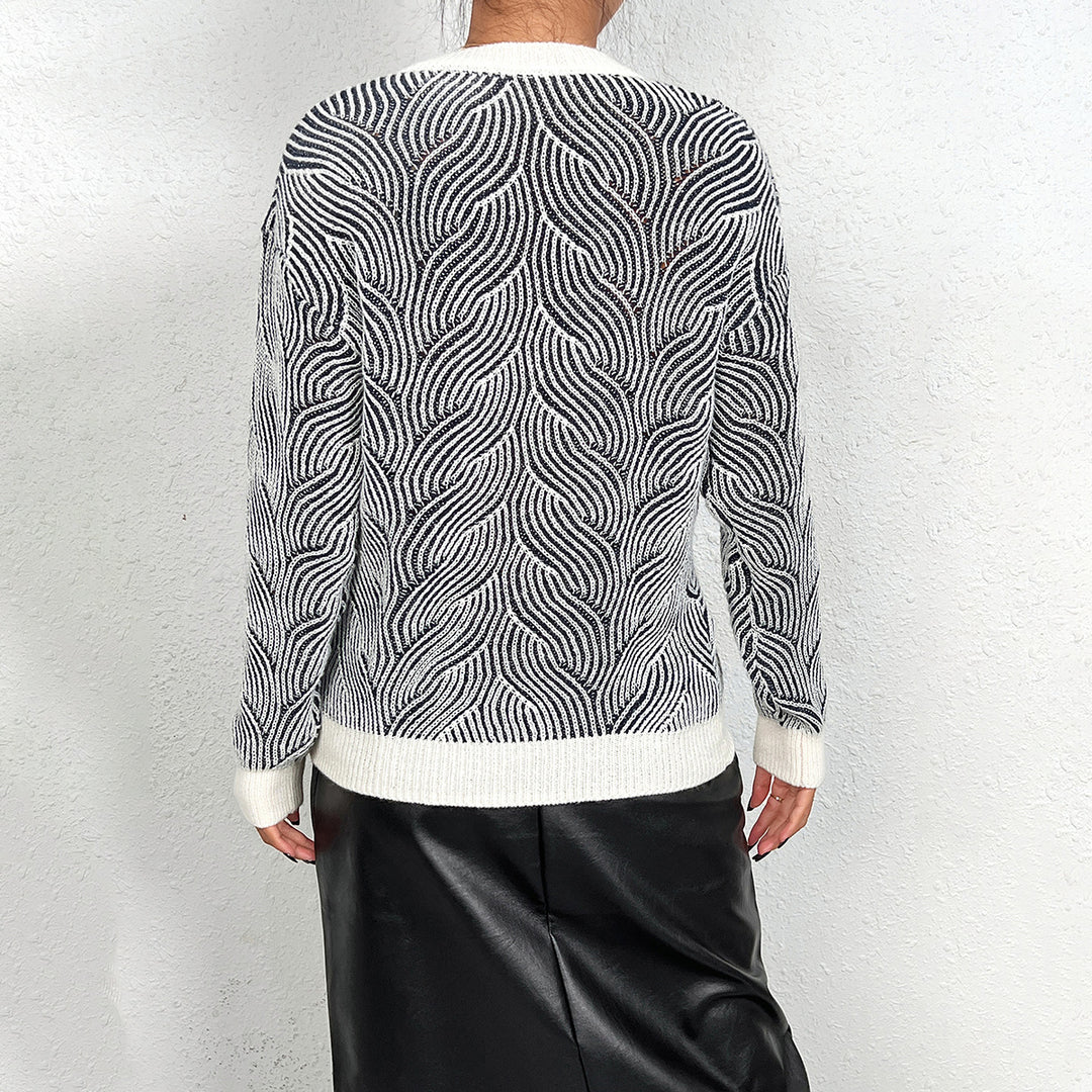 Damen Strickpullover mit Wellenmuster und V-Ausschnitt EB