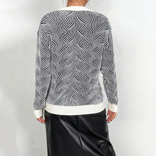 Damen Strickpullover mit Wellenmuster und V-Ausschnitt EB