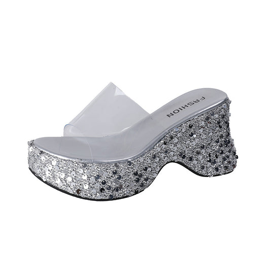 Damen Glamouröse Plattform-Mules mit glitzerndem Design und ergonomischer Sohle EB