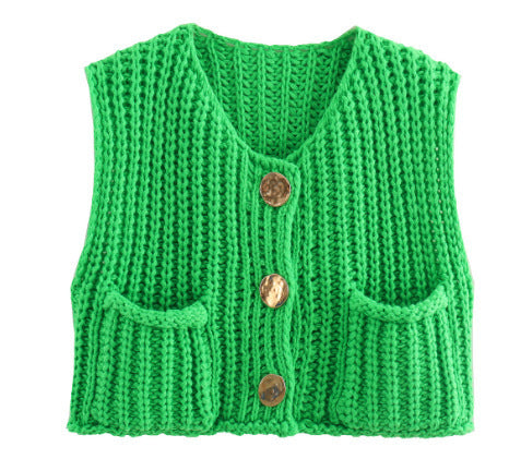 Damen Kurzgeschnittene Ärmellose Strickweste mit V-Ausschnitt und Zierknöpfen EB