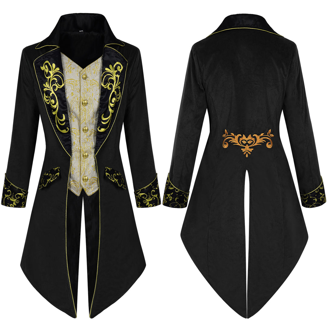 Herren nan eleganter Frackmantel im Barockstil mit goldbesticktem Revers und geteiltem Schwalbenschwanz Eb