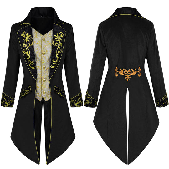 Herren nan eleganter Frackmantel im Barockstil mit goldbesticktem Revers und geteiltem Schwalbenschwanz Eb