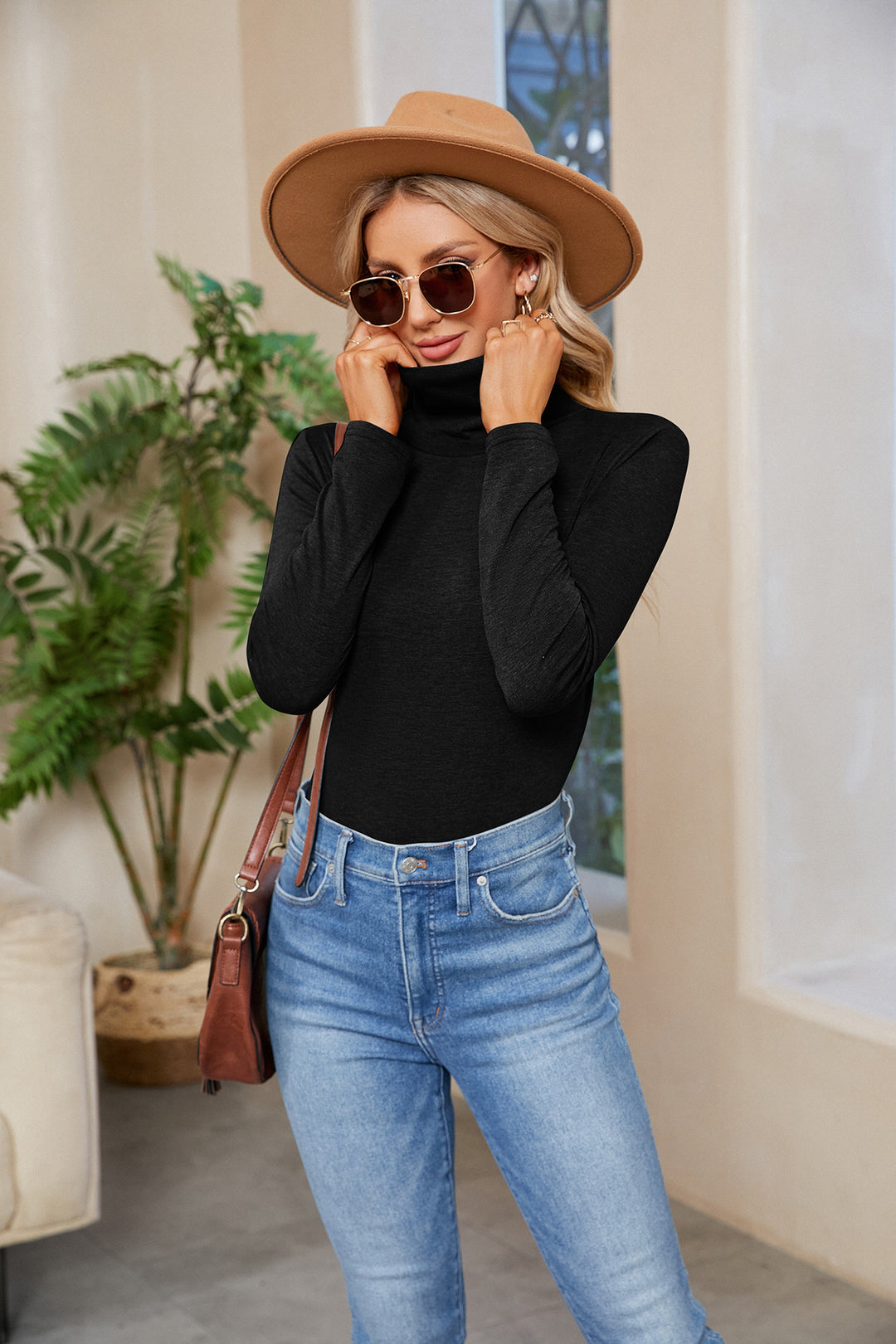 Damen Figurnahe Stretch-Jersey Rollkragenoberteil mit langem Arm EB