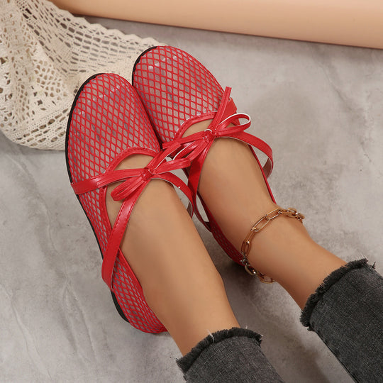 Damen Netz-Ballerinas mit elastischem Riemen und dekorativem Schleifendetail EB