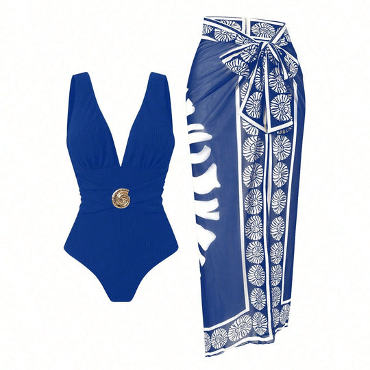 Damen Badeanzug mit femininem Wickelrock und elegantem Schmuckdetail EB