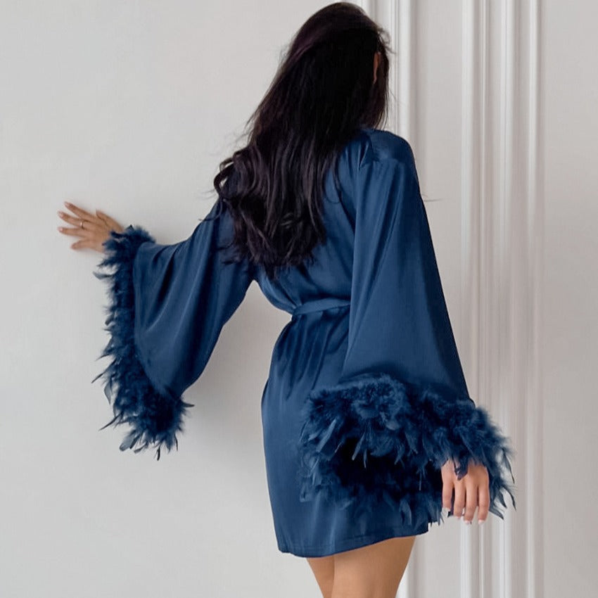 Damen Satin Kimono mit Federn EB