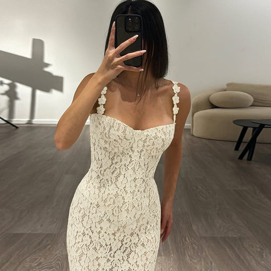 Damen elegantes Maxikleid mit Spitze und verführerischem Herzausschnitt EB