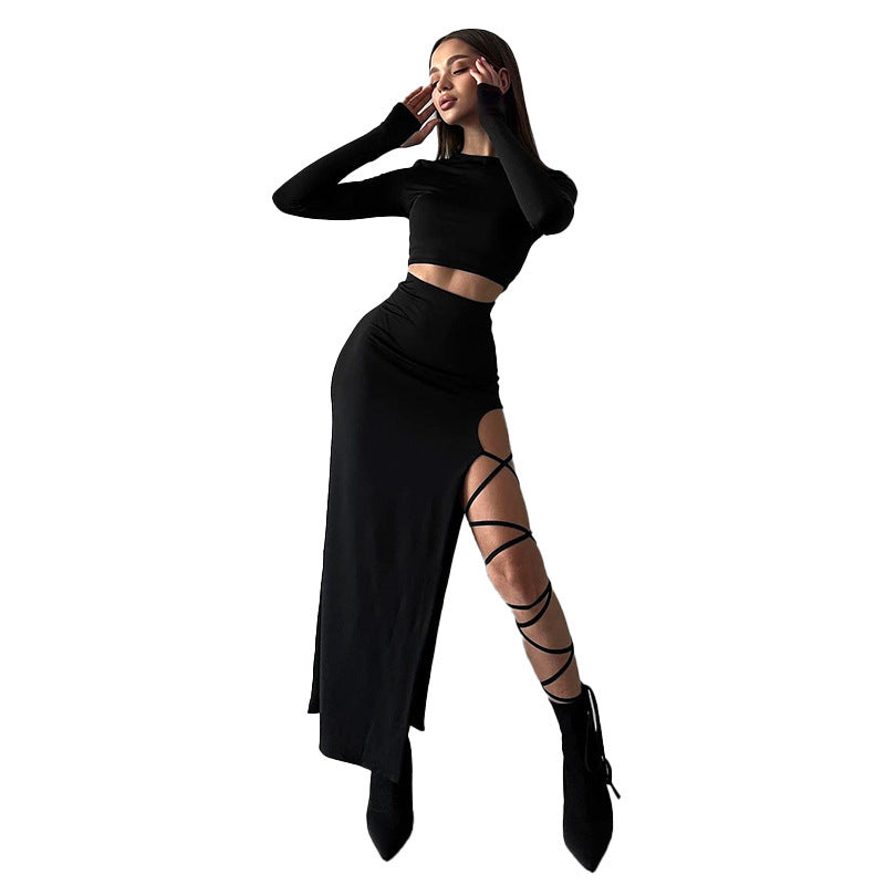 Damen elegantes Langarm-Oberteil mit hohem Bund und seitlichem Cut-Out EB