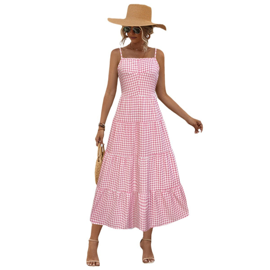 Damen Maxikleid im karierten Design mit Taillenakzent und Rüschensaum EB