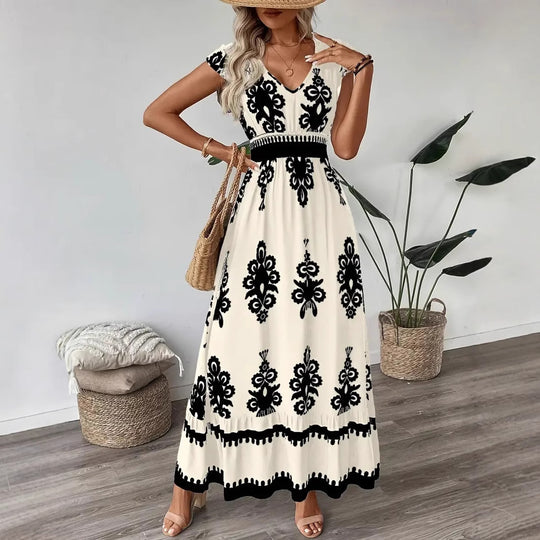 Damen Maxikleid mit V-Ausschnitt und einzigartigem floralem Design EB