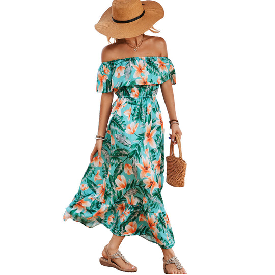 Damen Off-Shoulder Maxikleid mit floralem Design und elastischem Taillenbund EB