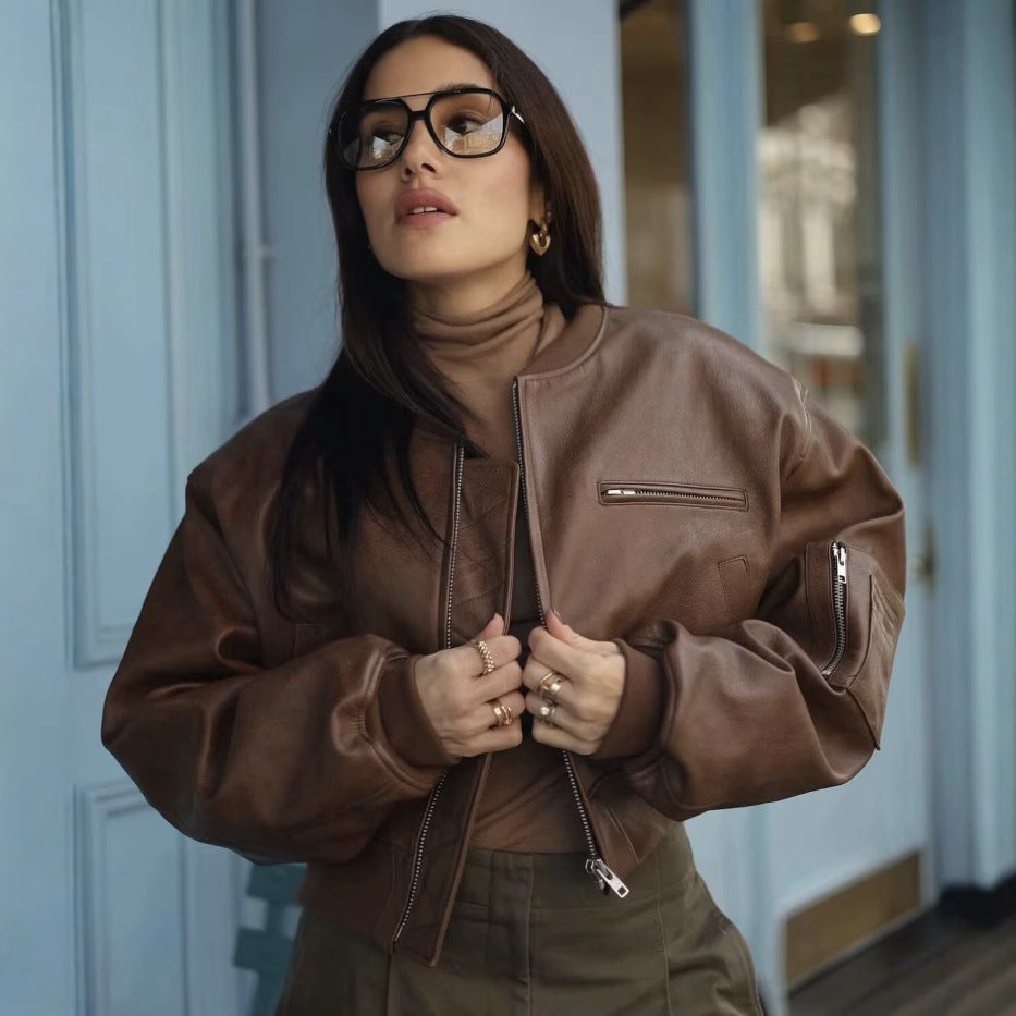 Damen cropped Kunstlederjacke mit Reißverschluss und praktischen Taschen EB