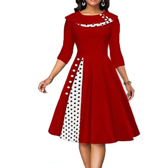 Damen Elegantes Midi-Kleid mit Punkten und seitlicher Kontrastdetail EB