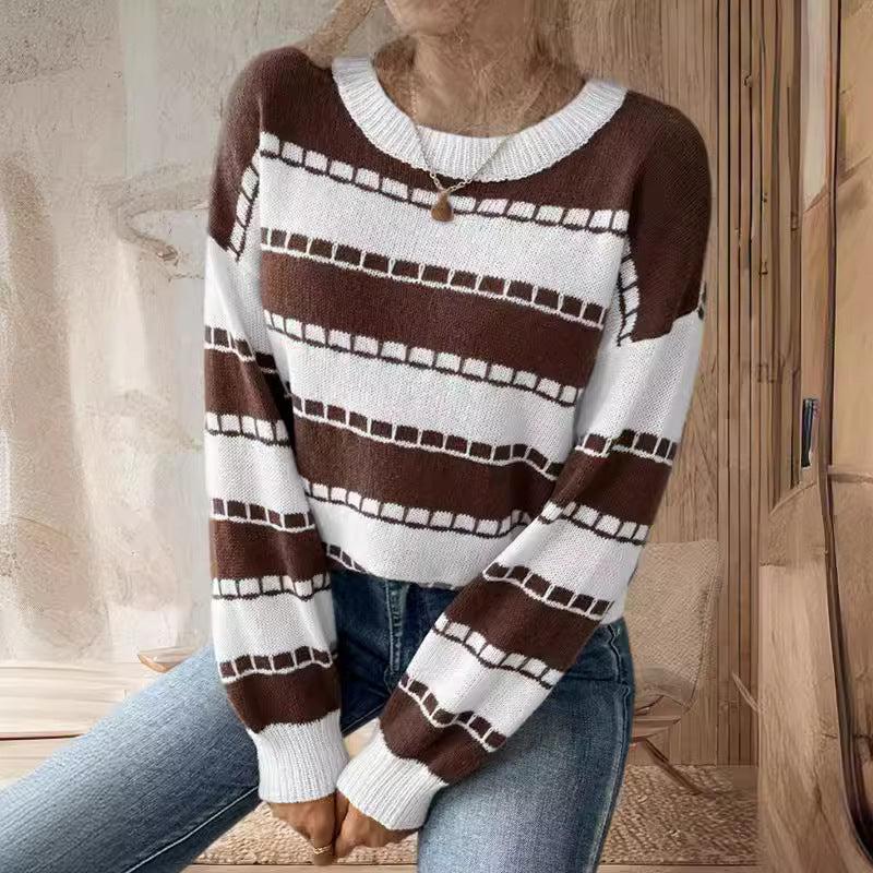 Damen lässiger, gestreifter Pullover mit einem komfortablen Schnitt und dekorativen Details EB