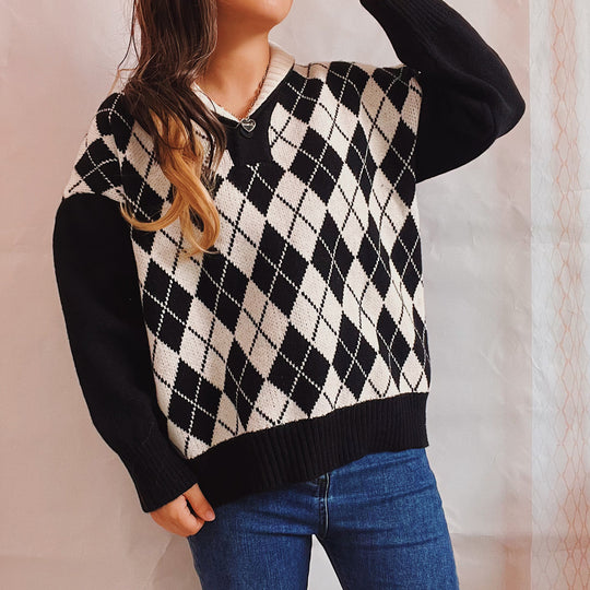 Damen Strickpullover mit klassischem Rauten-Design und modernem Schnitt EB