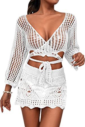 Damen gehäkeltes Crop-Top und Minirock-Set mit eleganten Binde-Details EB
