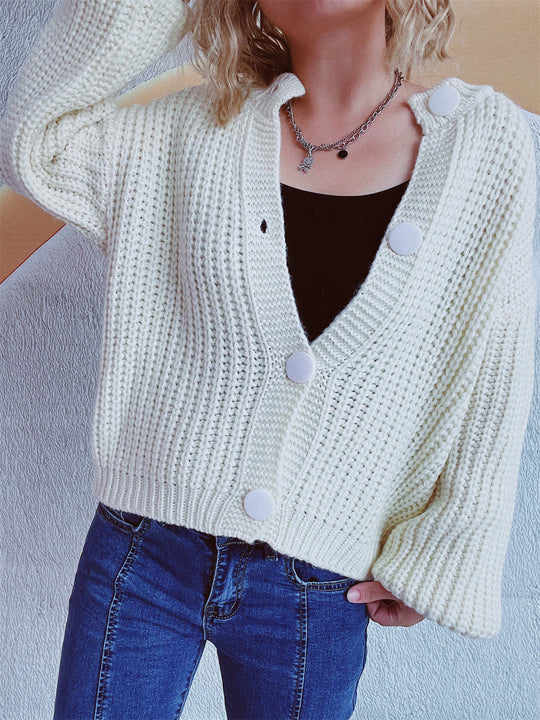 Damen Grobstrickjacke mit ballonförmigen Ärmeln und dekorativen Knöpfen EB