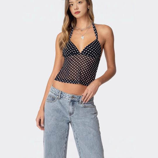 Damen luftiges Polka-Dots Oberteil mit tiefem V-Ausschnitt und Trägern EB