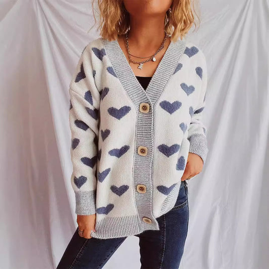 Damen Strickjacke mit herzförmigem Muster und knöpfbarem Design EB