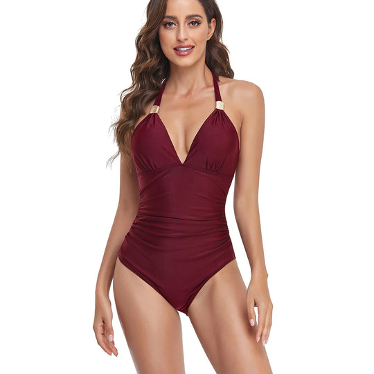 Damen einteiliger Badeanzug mit elegantem V-Ausschnitt und floralen Akzenten EB