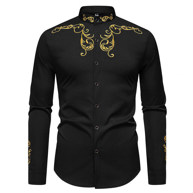 Herren Langarmhemd mit eleganter Stickerei und modernem Kragen EB