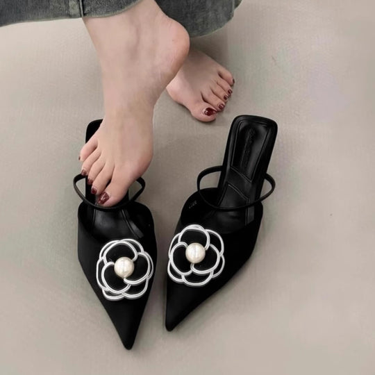 Damen Slingback Mules mit floralem Design und Perlenakzent EB