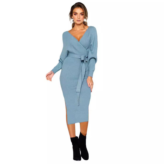 Damen Elegantes Wickelkleid mit tiefem V-Ausschnitt und Taillengürtel EB