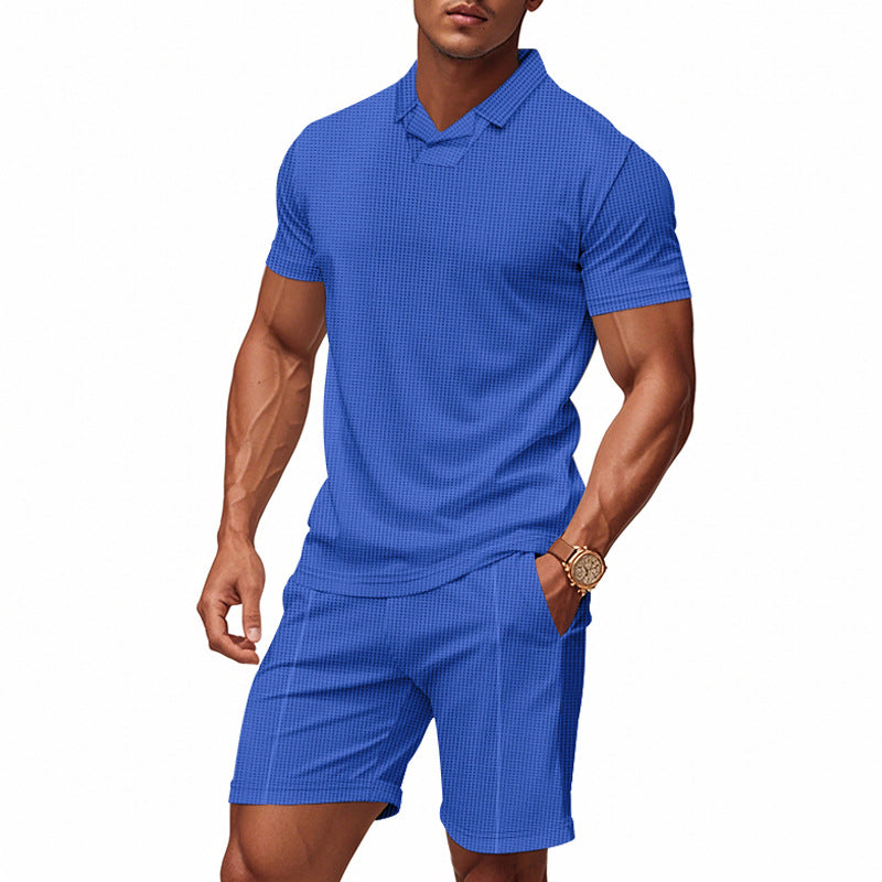 Herren nan lässiges Waffelstruktur-Freizeitset mit Reverskragen-Kurzarmshirt und elastischen Freizeitshorts EB