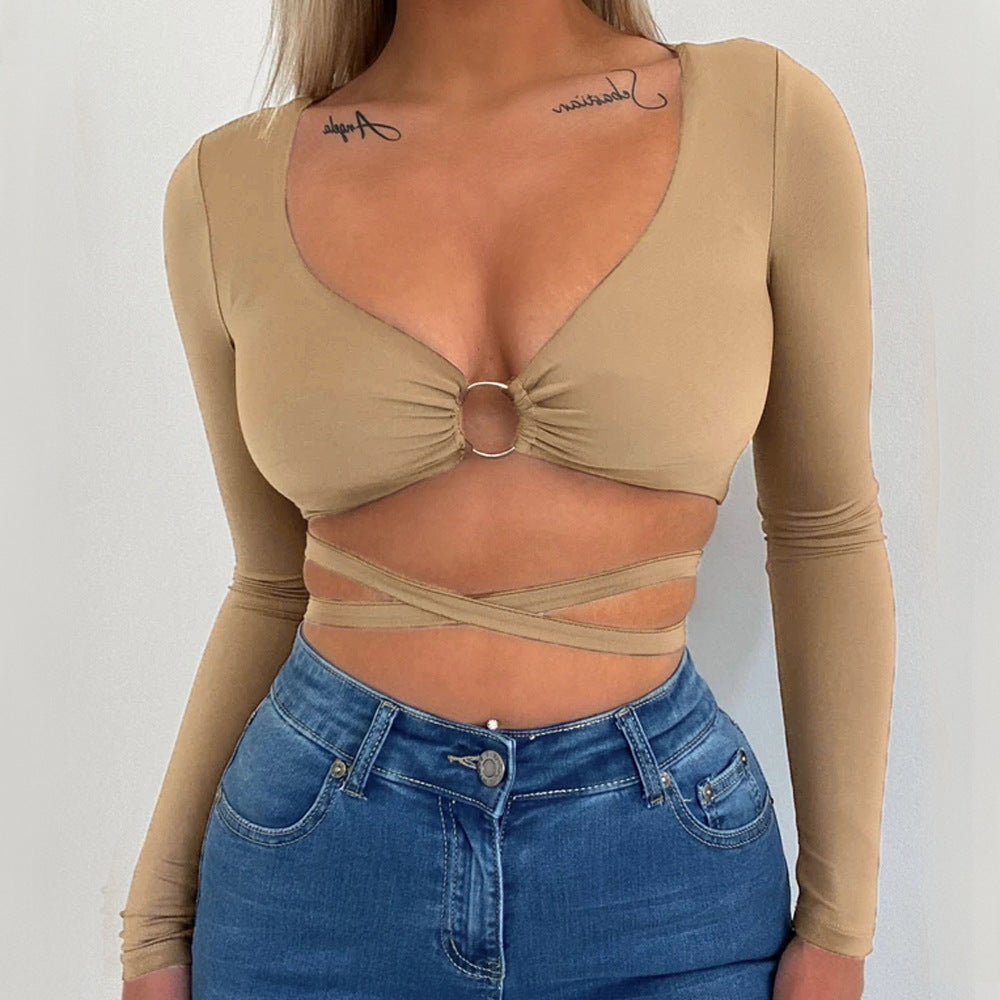 Damen Crop-Top mit verspieltem Ringdetails und langen Ärmeln EB