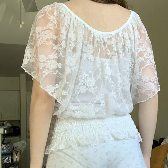 Damen Spitzen-T-Shirt mit elastischem Rüschensaum EB