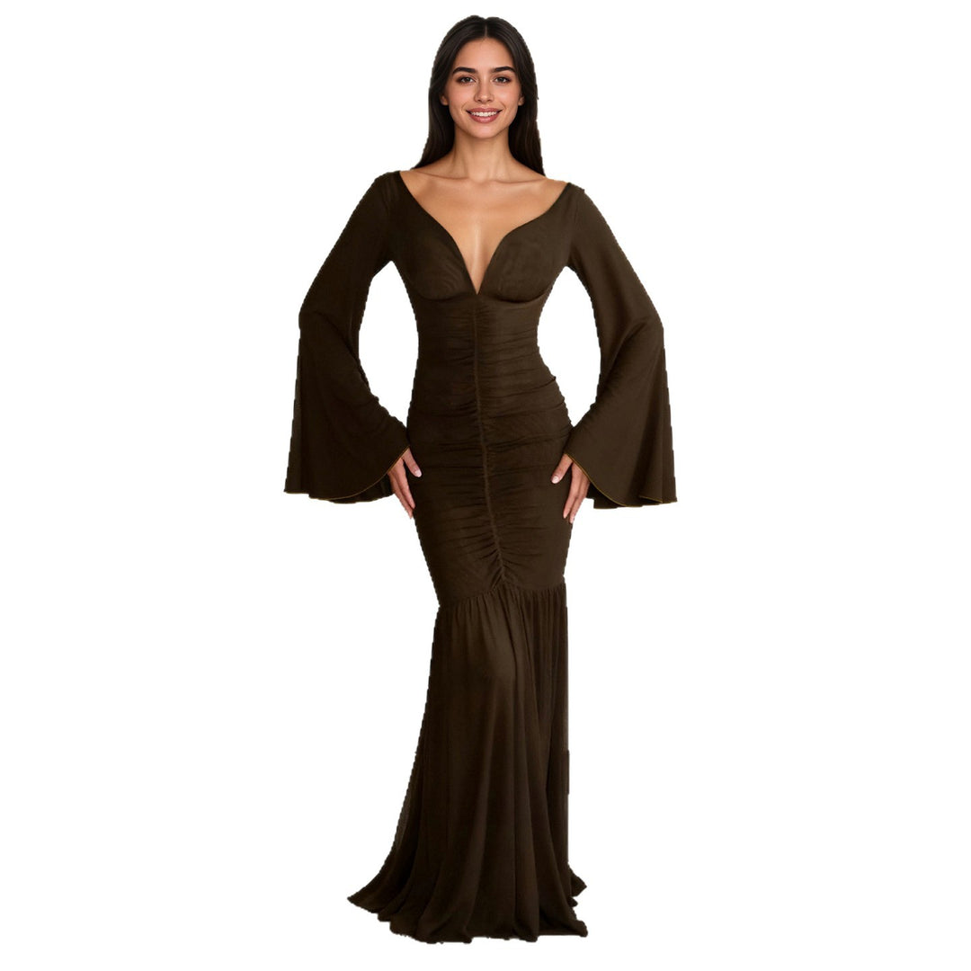 Damen nan gerafftes Maxikleid mit V-Ausschnitt, Trompetenärmeln und Stufenrüsche EB