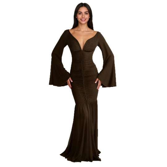 Damen nan gerafftes Maxikleid mit V-Ausschnitt, Trompetenärmeln und Stufenrüsche EB