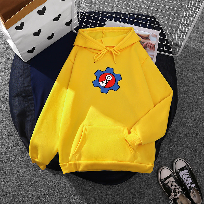 Damen nan oversized Fleece-Kapuzenpullover mit weicher Innenseite, Kängurutasche und appliziertem Zahnrad-Comic-Motiv EB