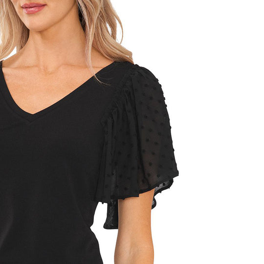 Damen V-Ausschnitt Bluse mit transparenten Rüschenschultern EB